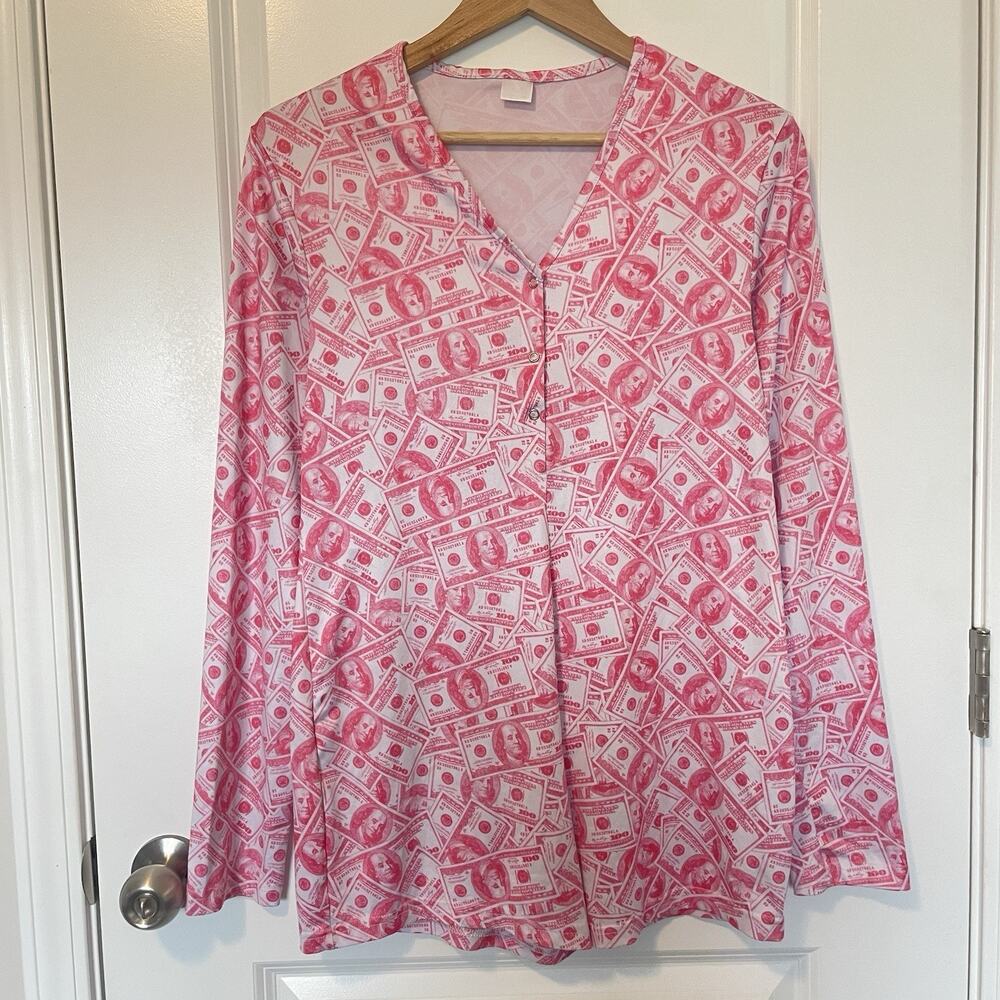 Sexy Pink Money Print Romper Bodysuit Women’s XL Club Party Stretch Bodycon - Picture 2 of 10